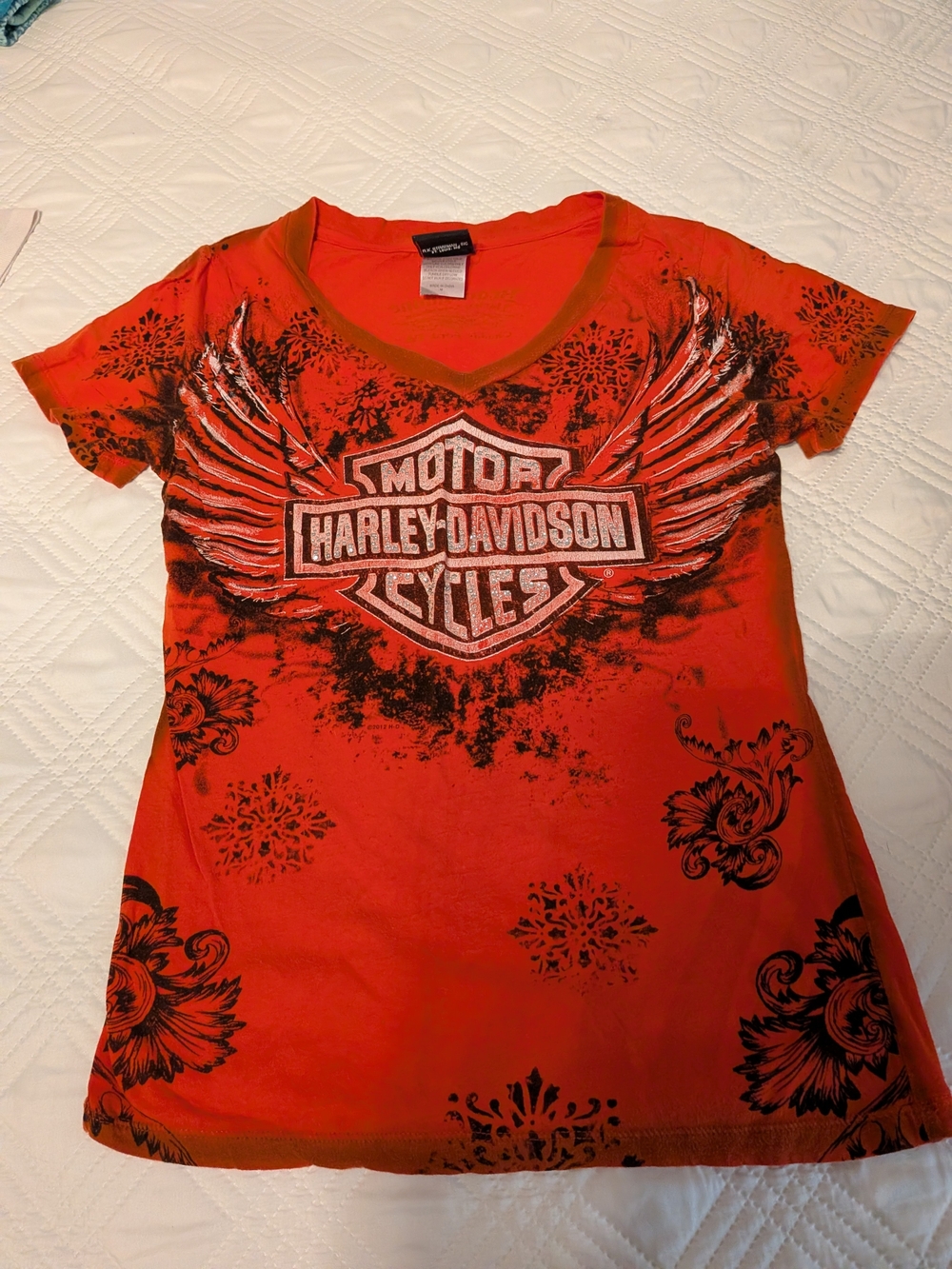 Harley-Davidson Orange Red Winged Logo V-Neck Tee